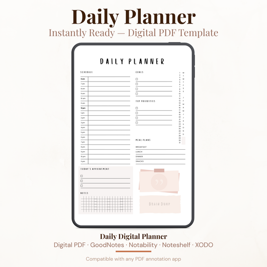 All in One Digital Daily Planner PDF for iPad - Hourly Schedule Goals Meal Plan Brain Dump GoodNotes Instant Download