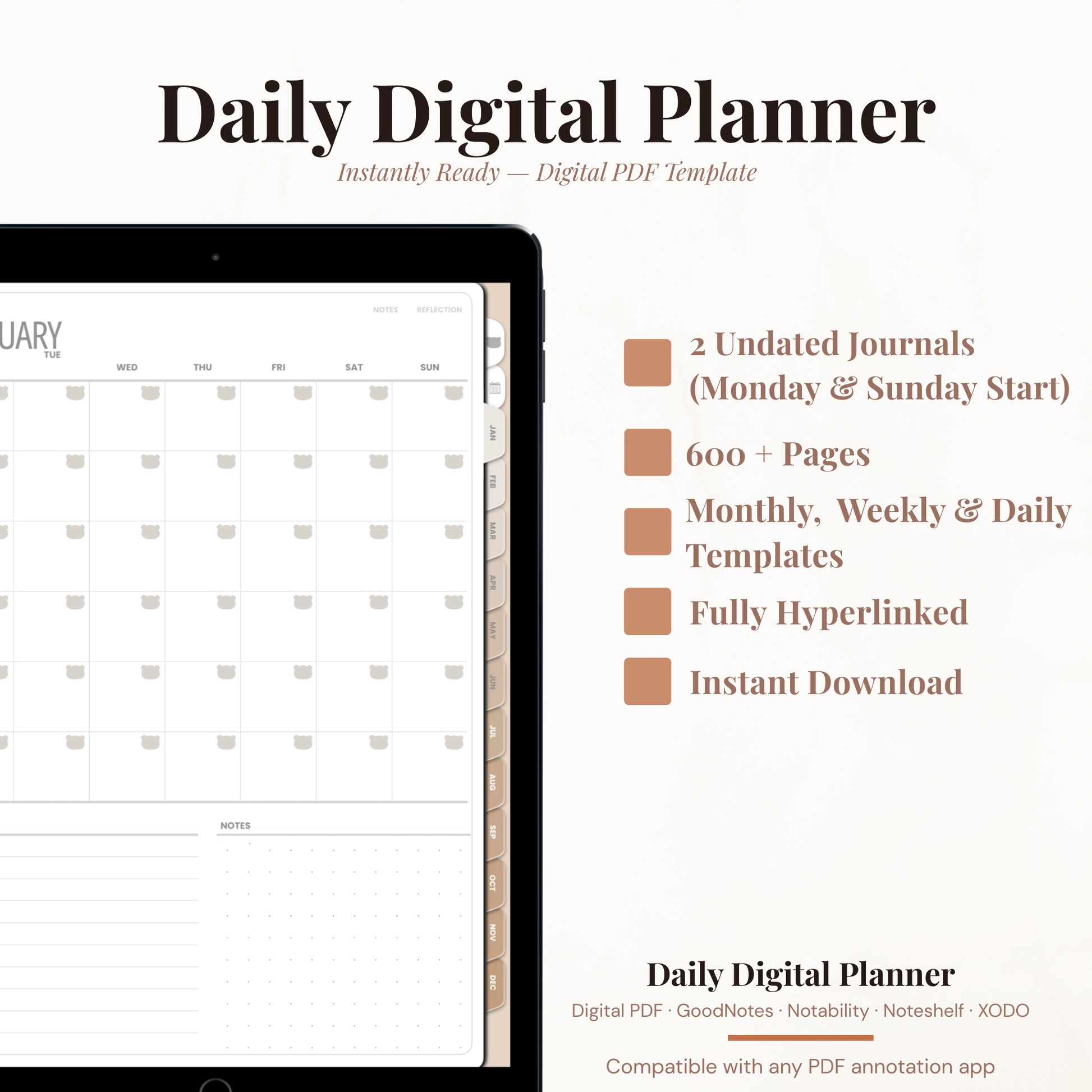 All in One Hyperlinked Digital Planner PDF for iPad - Annual to Daily Vision Board Habit Tracker Period Tracker GoodNotes Instant Download