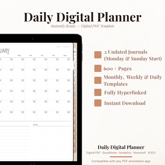 All in One Hyperlinked Digital Planner PDF for iPad - Annual to Daily Vision Board Habit Tracker Period Tracker GoodNotes Instant Download