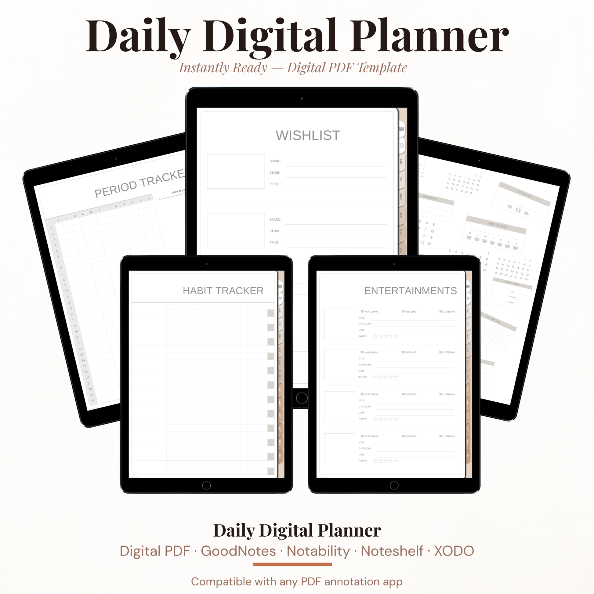 All in One Hyperlinked Digital Planner PDF for iPad - Annual to Daily Vision Board Habit Tracker Period Tracker GoodNotes Instant Download
