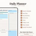 Blue Digital Daily Planner PDF for iPad - Hourly Schedule Priorities Meal Plan GoodNotes Instant Download