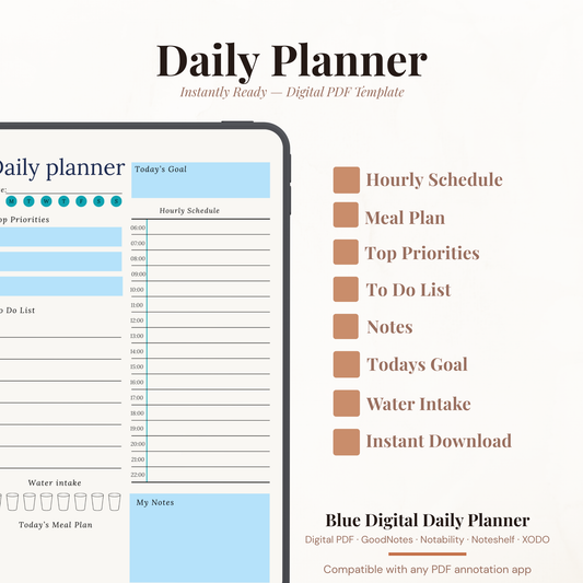 Blue Digital Daily Planner PDF for iPad - Hourly Schedule Priorities Meal Plan GoodNotes Instant Download