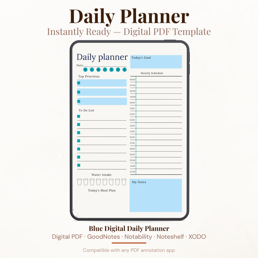 Blue Digital Daily Planner PDF for iPad - Hourly Schedule Priorities Meal Plan GoodNotes Instant Download