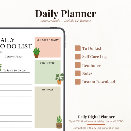 Botanical Digital Daily Planner PDF for iPad - Today Focus To Do List Self Care Reminders GoodNotes Instant Download