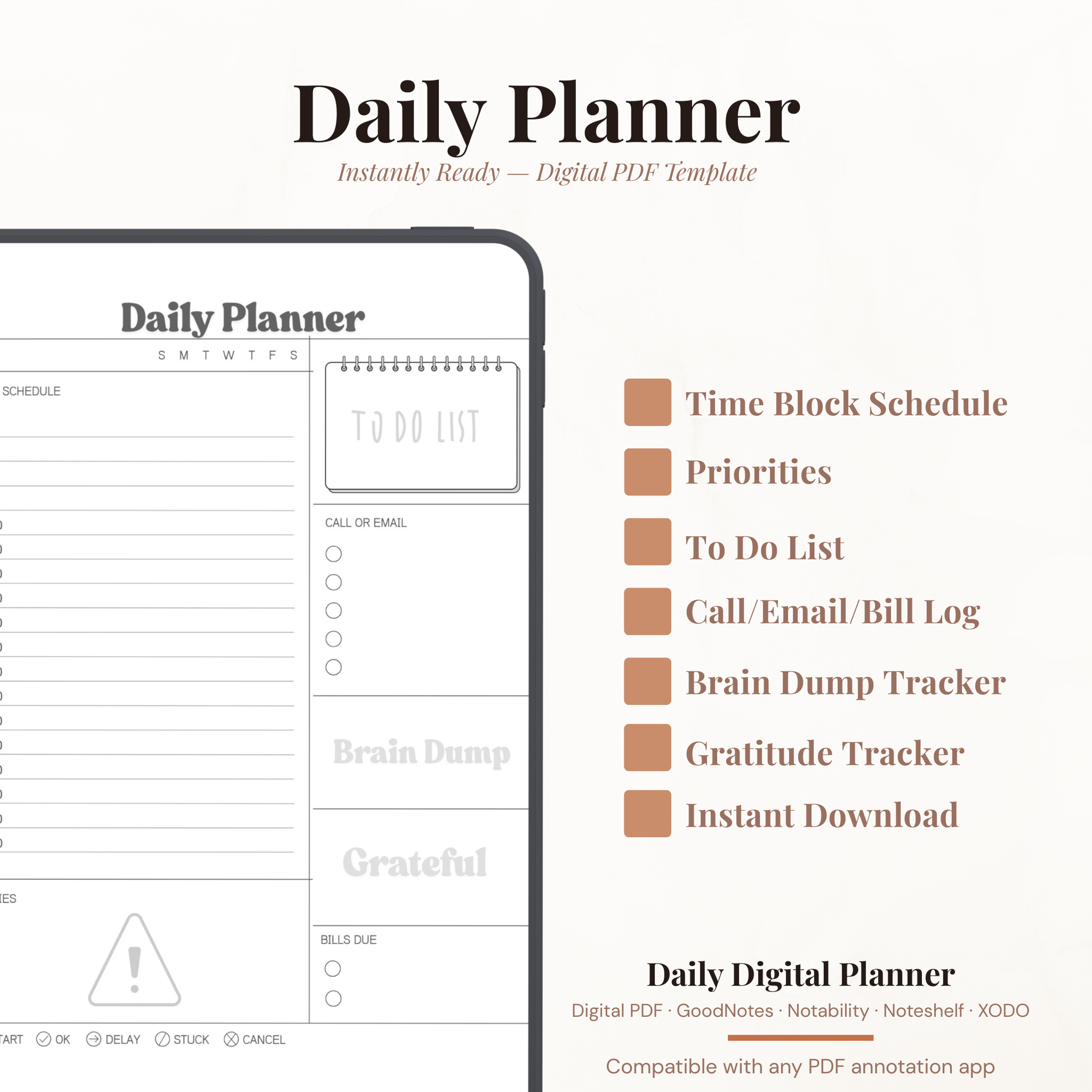 Brain Dump Digital Daily Planner PDF for iPad - Hourly Schedule Priorities Grateful Bills Due GoodNotes Instant Download