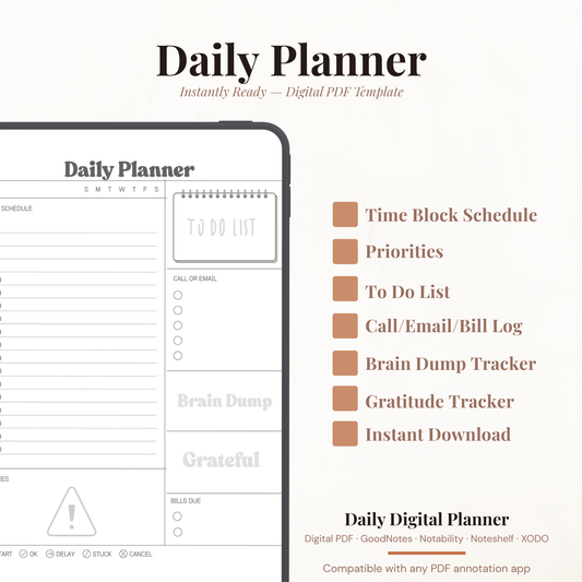 Brain Dump Digital Daily Planner PDF for iPad - Hourly Schedule Priorities Grateful Bills Due GoodNotes Instant Download
