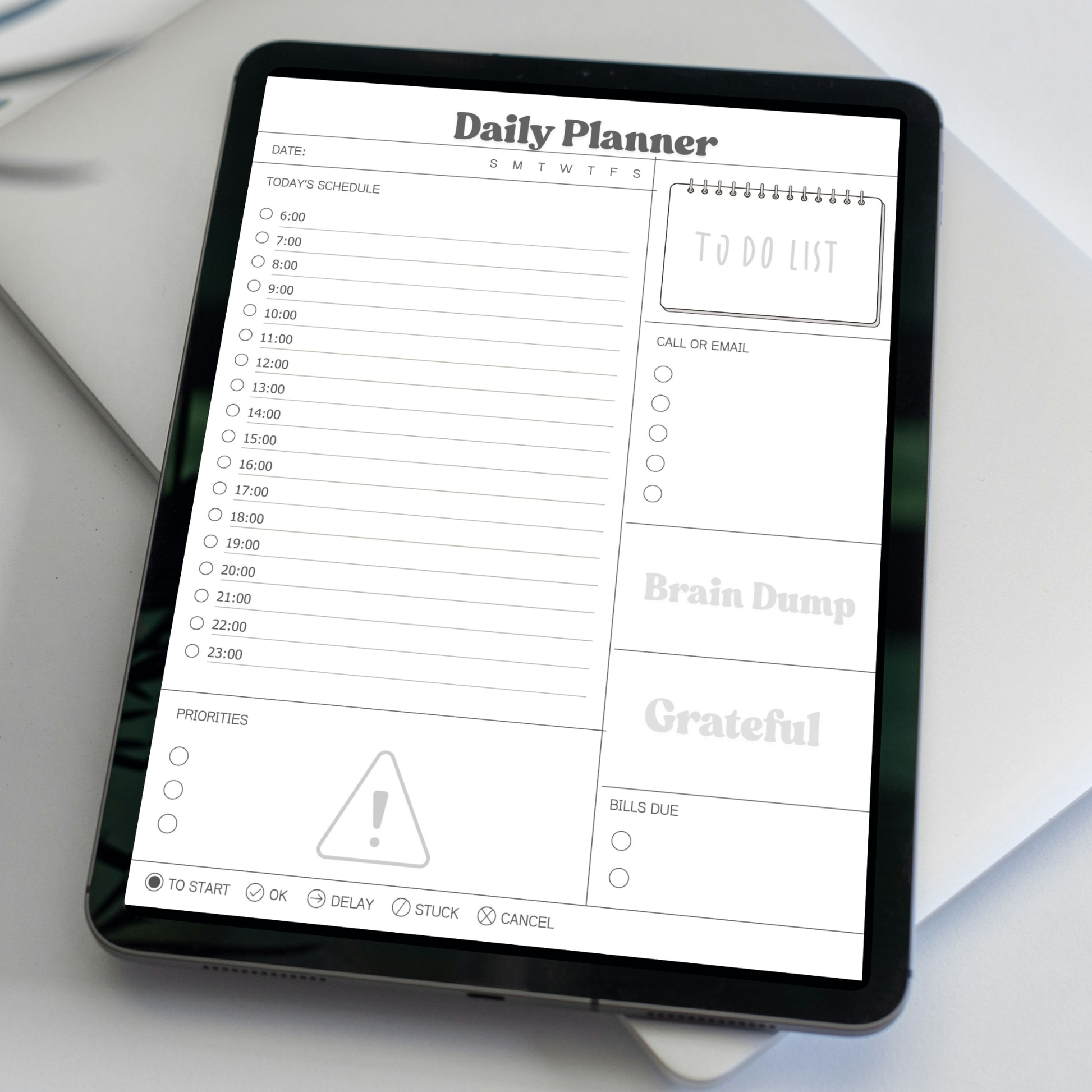 Brain Dump Digital Daily Planner PDF for iPad - Hourly Schedule Priorities Grateful Bills Due GoodNotes Instant Download