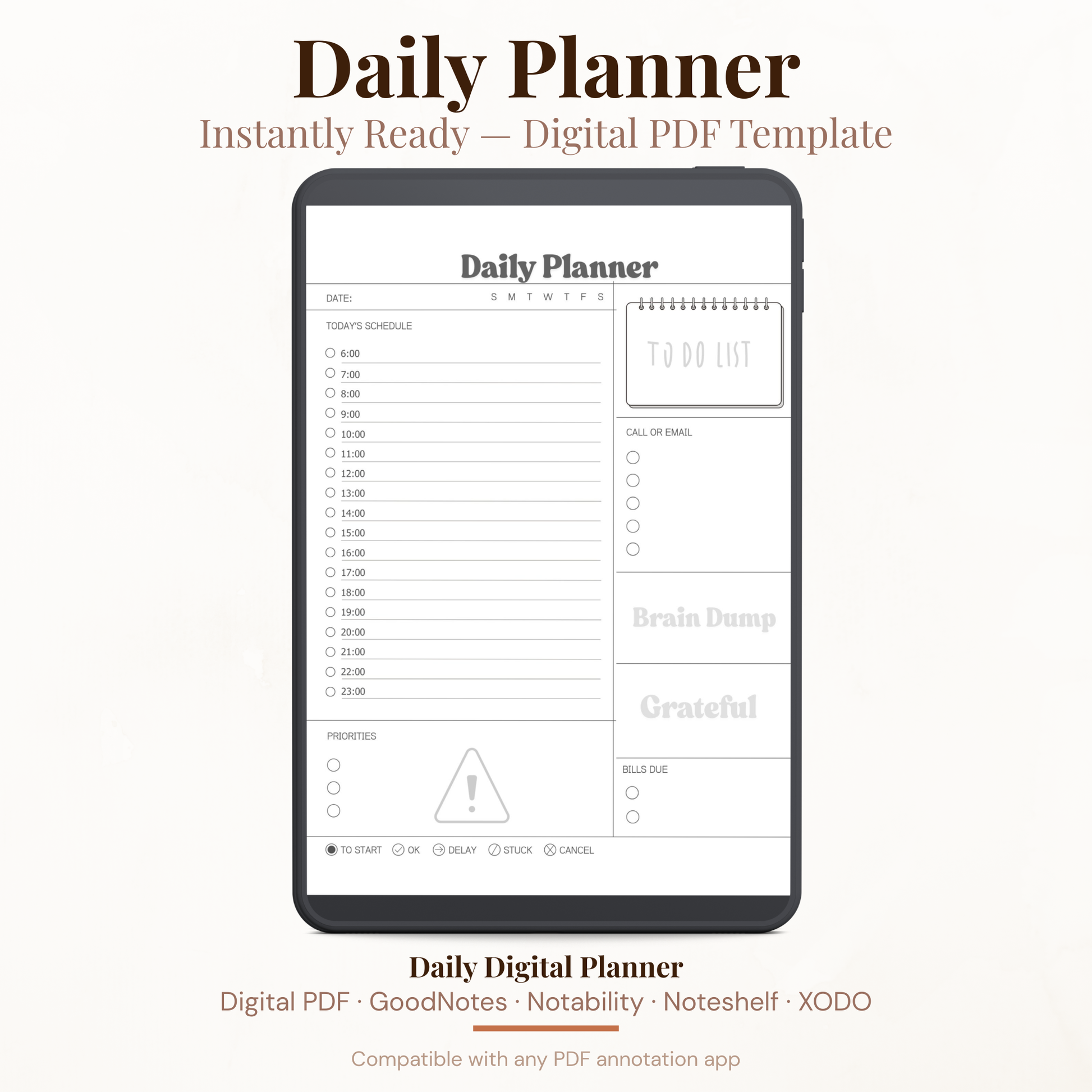 Brain Dump Digital Daily Planner PDF for iPad - Hourly Schedule Priorities Grateful Bills Due GoodNotes Instant Download