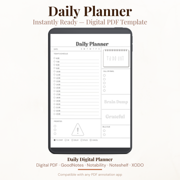 Brain Dump Digital Daily Planner PDF for iPad - Hourly Schedule Priorities Grateful Bills Due GoodNotes Instant Download