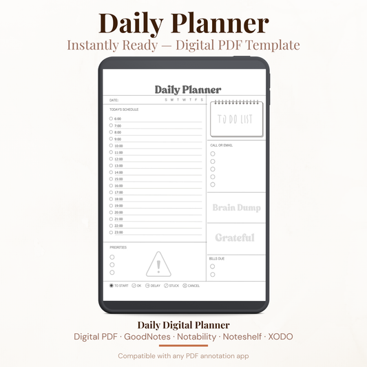 Brain Dump Digital Daily Planner PDF for iPad - Hourly Schedule Priorities Grateful Bills Due GoodNotes Instant Download