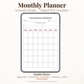 Undated digital calendar agenda monthly planner PDF template shown on an iPad with a clean minimal white design and soft pink accents, featuring a month and year field, this month's goals section with four goal slots, and a full monthly calendar grid with Monday through Sunday columns — compatible with GoodNotes, Notability, Noteshelf, XODO, Samsung Notes, and Kindle Scribe.
