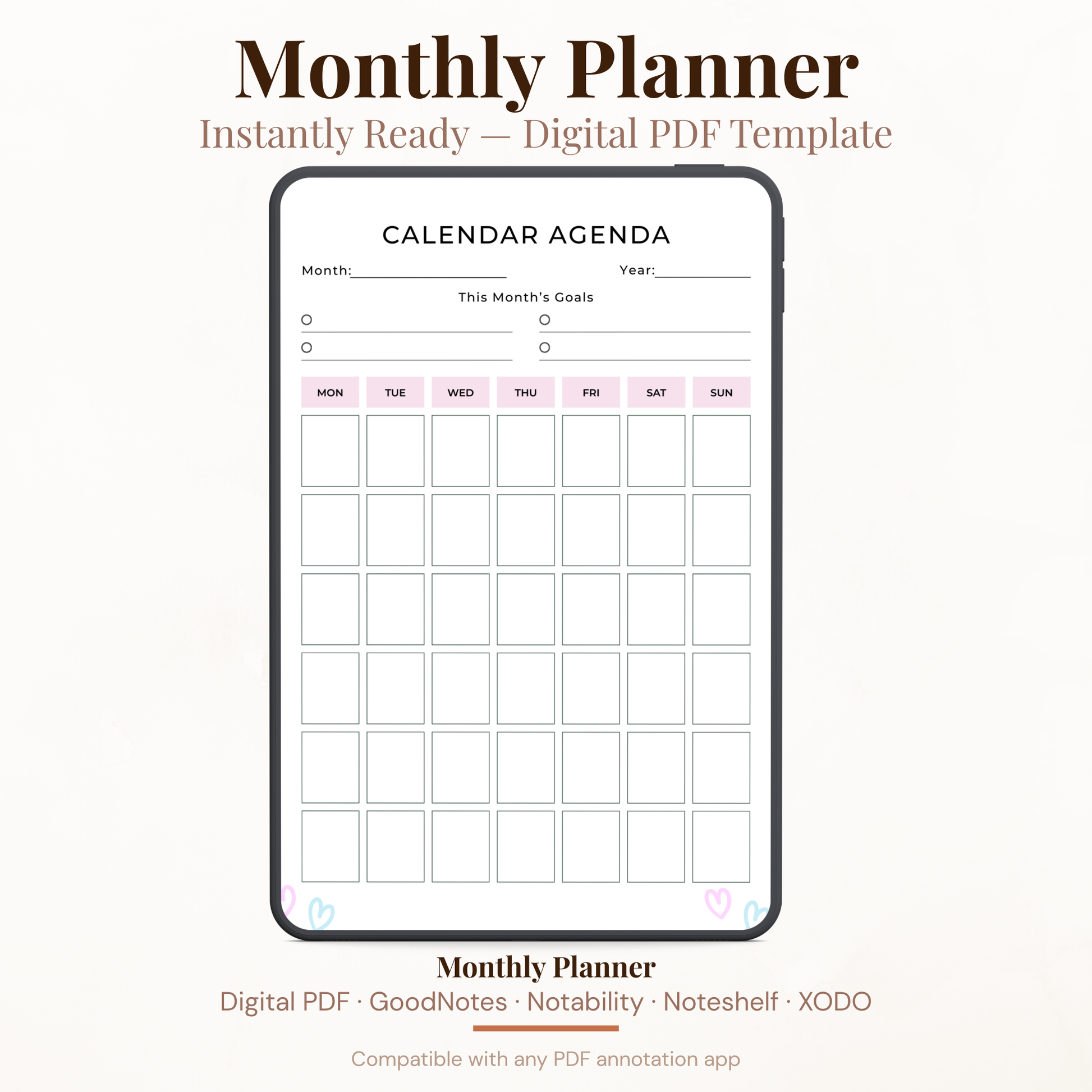 Undated digital calendar agenda monthly planner PDF template shown on an iPad with a clean minimal white design and soft pink accents, featuring a month and year field, this month's goals section with four goal slots, and a full monthly calendar grid with Monday through Sunday columns — compatible with GoodNotes, Notability, Noteshelf, XODO, Samsung Notes, and Kindle Scribe.