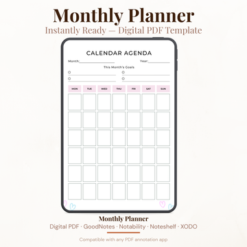Undated digital calendar agenda monthly planner PDF template shown on an iPad with a clean minimal white design and soft pink accents, featuring a month and year field, this month's goals section with four goal slots, and a full monthly calendar grid with Monday through Sunday columns — compatible with GoodNotes, Notability, Noteshelf, XODO, Samsung Notes, and Kindle Scribe.