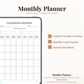 Undated digital calendar agenda monthly planner PDF template shown on an iPad with a clean minimal white design and soft pink accents, featuring a month and year field, this month's goals section with four goal slots, and a full monthly calendar grid with Monday through Sunday columns — compatible with GoodNotes, Notability, Noteshelf, XODO, Samsung Notes, and Kindle Scribe.