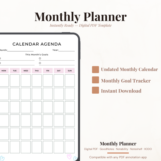 Undated digital calendar agenda monthly planner PDF template shown on an iPad with a clean minimal white design and soft pink accents, featuring a month and year field, this month's goals section with four goal slots, and a full monthly calendar grid with Monday through Sunday columns — compatible with GoodNotes, Notability, Noteshelf, XODO, Samsung Notes, and Kindle Scribe.