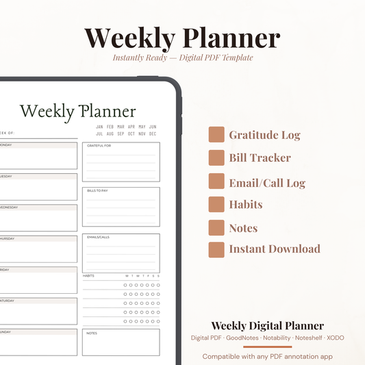 Digital Weekly Planner PDF for iPad - 7 Day Schedule Habit Tracker Gratitude Bills GoodNotes Instant Download