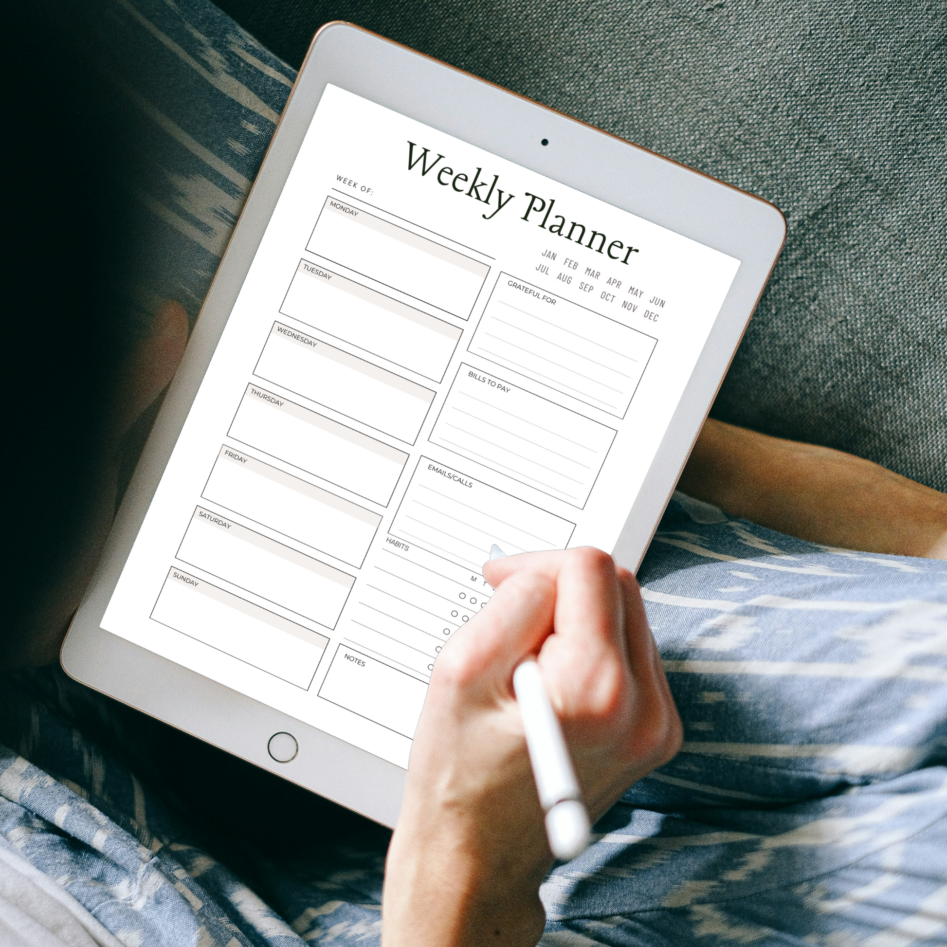 Digital Weekly Planner PDF for iPad - 7 Day Schedule Habit Tracker Gratitude Bills GoodNotes Instant Download