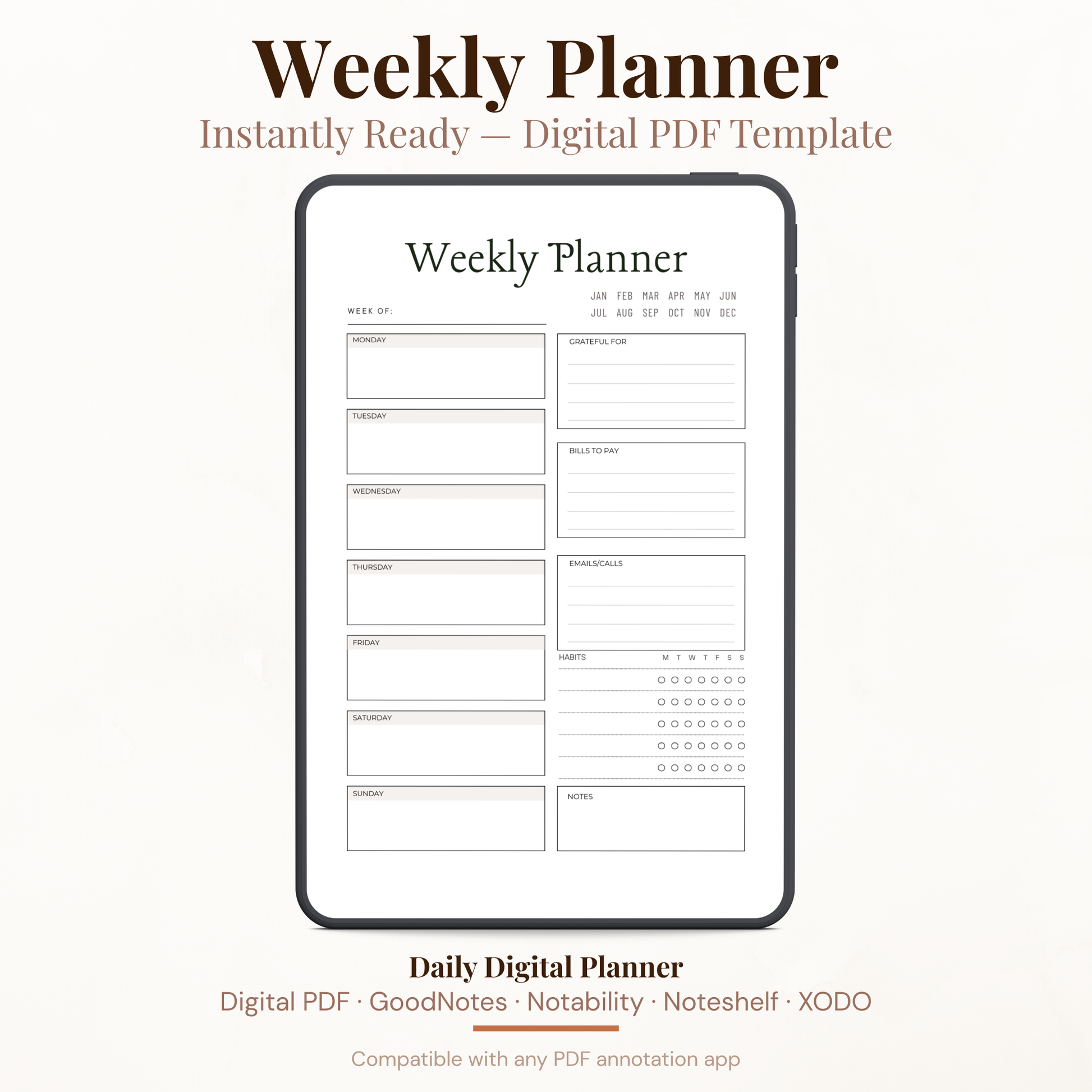 Digital Weekly Planner PDF for iPad - 7 Day Schedule Habit Tracker Gratitude Bills GoodNotes Instant Download