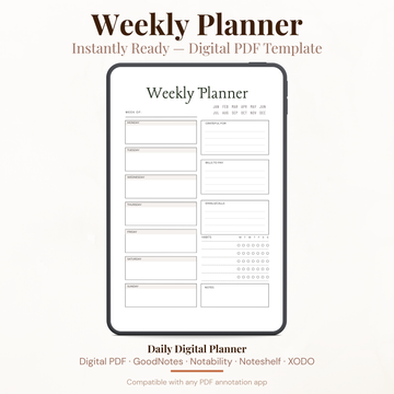 Digital Weekly Planner PDF for iPad - 7 Day Schedule Habit Tracker Gratitude Bills GoodNotes Instant Download