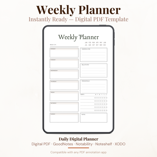 Digital Weekly Planner PDF for iPad - 7 Day Schedule Habit Tracker Gratitude Bills GoodNotes Instant Download