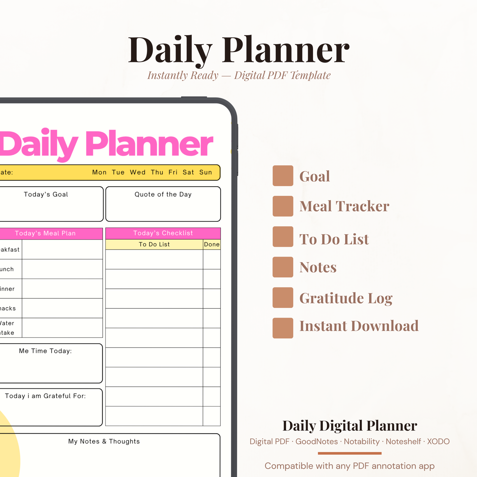 Colorful Digital Daily Planner PDF for iPad - Daily Goal Meal Plan Gratitude Me Time GoodNotes Instant Download