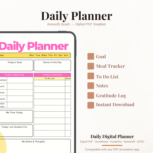 Colorful Digital Daily Planner PDF for iPad - Daily Goal Meal Plan Gratitude Me Time GoodNotes Instant Download