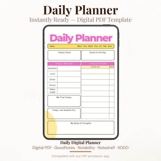 Colorful Digital Daily Planner PDF for iPad - Daily Goal Meal Plan Gratitude Me Time GoodNotes Instant Download