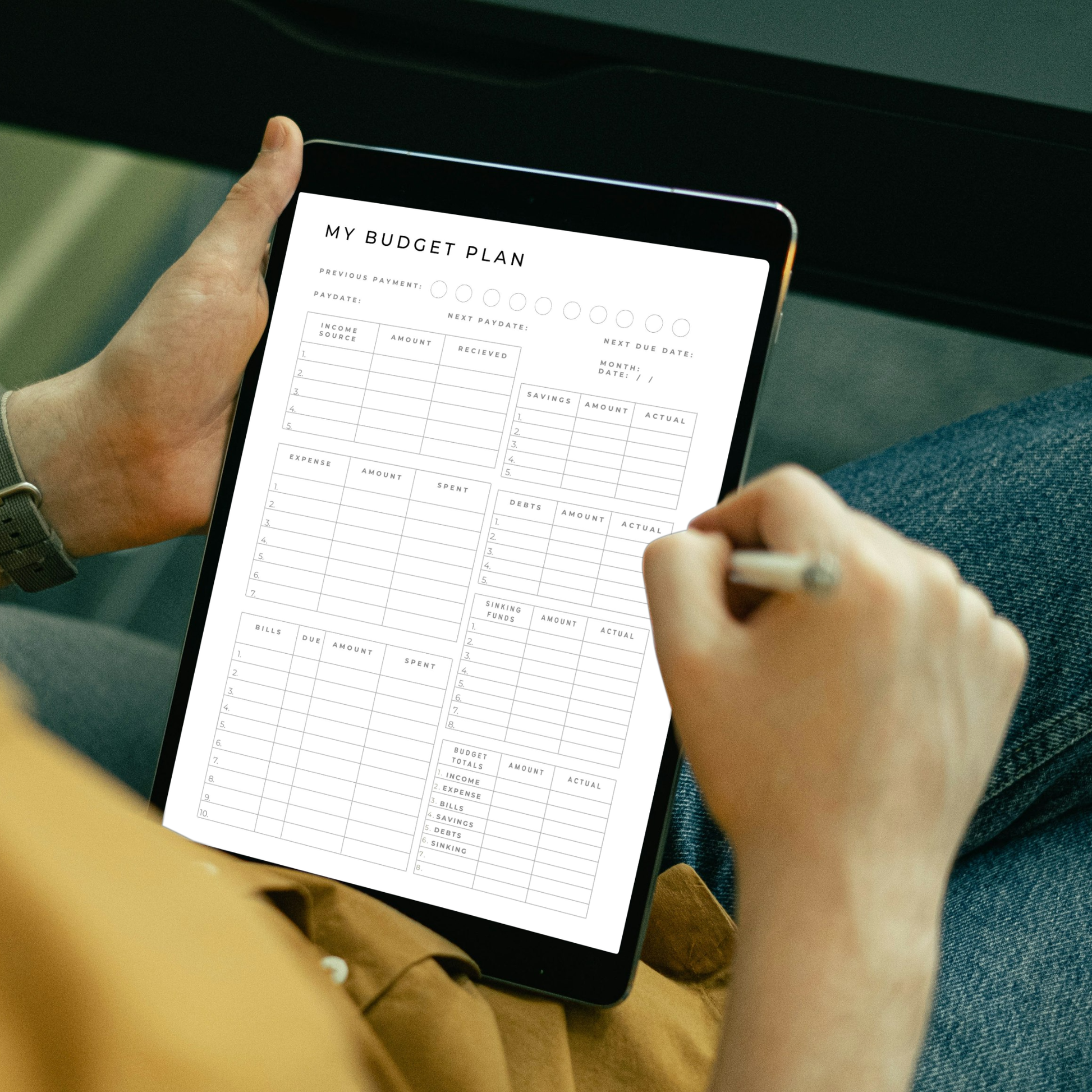 Complete digital monthly budget planner PDF showing a clean minimalist black and white design with income source tracker, expense tracker, bills tracker with due dates, savings tracker, debts tracker, sinking funds tracker, budget totals summary section, previous payment checkboxes, pay date next pay date and next due date fields — compatible with GoodNotes Notability Noteshelf XODO Samsung Notes and Kindle Scribe