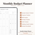 Complete digital monthly budget planner PDF showing a clean minimalist black and white design with income source tracker, expense tracker, bills tracker with due dates, savings tracker, debts tracker, sinking funds tracker, budget totals summary section, previous payment checkboxes, pay date next pay date and next due date fields — compatible with GoodNotes Notability Noteshelf XODO Samsung Notes and Kindle Scribe