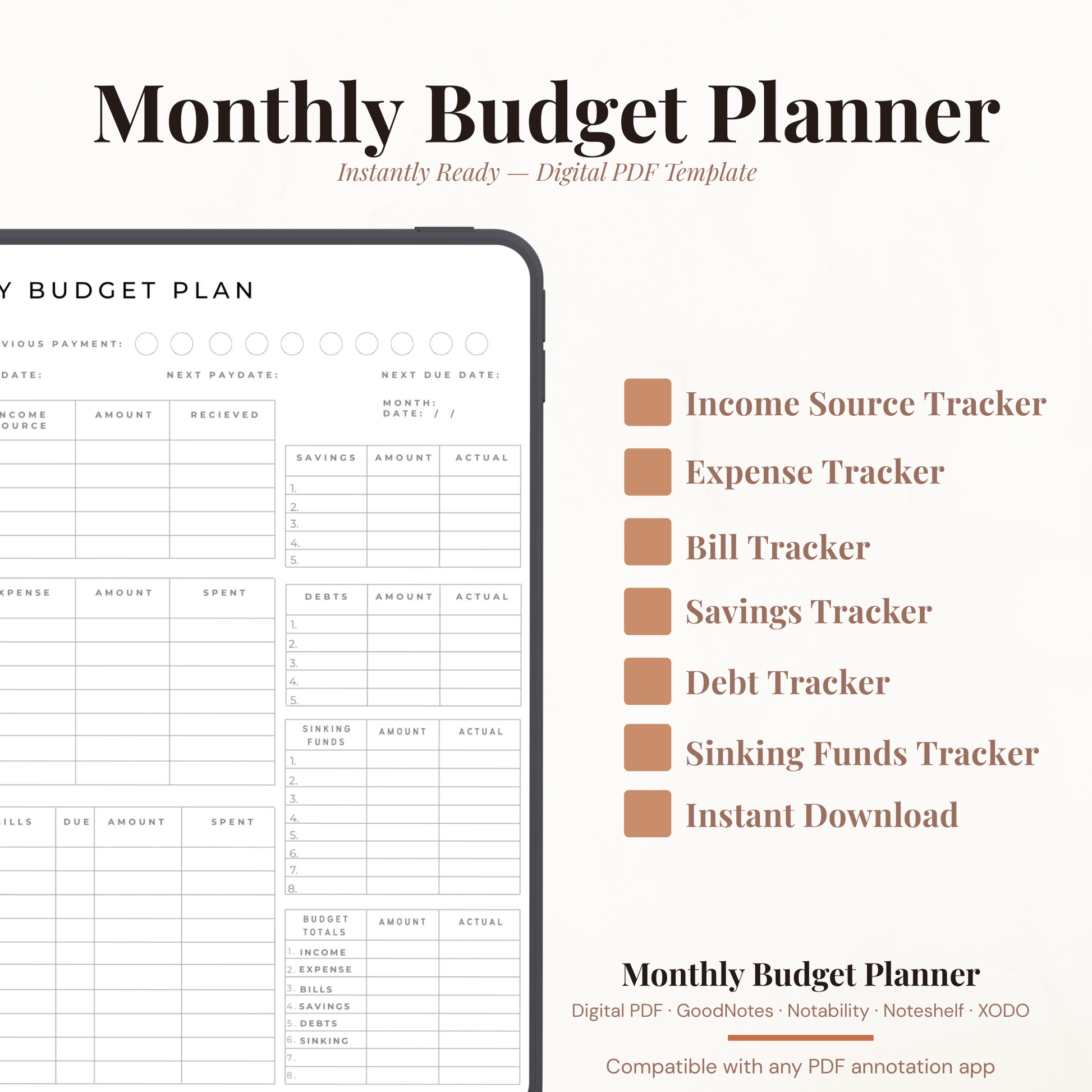 Complete digital monthly budget planner PDF showing a clean minimalist black and white design with income source tracker, expense tracker, bills tracker with due dates, savings tracker, debts tracker, sinking funds tracker, budget totals summary section, previous payment checkboxes, pay date next pay date and next due date fields — compatible with GoodNotes Notability Noteshelf XODO Samsung Notes and Kindle Scribe