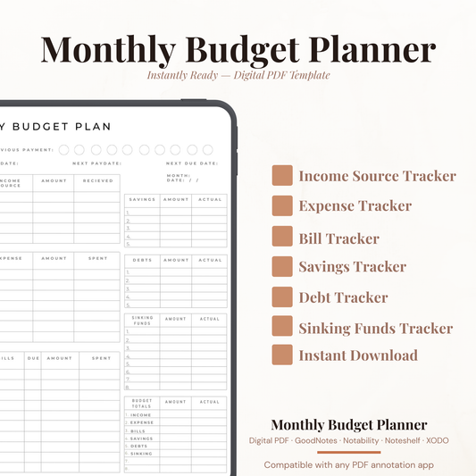 Complete digital monthly budget planner PDF showing a clean minimalist black and white design with income source tracker, expense tracker, bills tracker with due dates, savings tracker, debts tracker, sinking funds tracker, budget totals summary section, previous payment checkboxes, pay date next pay date and next due date fields — compatible with GoodNotes Notability Noteshelf XODO Samsung Notes and Kindle Scribe