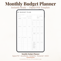 Complete digital monthly budget planner PDF showing a clean minimalist black and white design with income source tracker, expense tracker, bills tracker with due dates, savings tracker, debts tracker, sinking funds tracker, budget totals summary section, previous payment checkboxes, pay date next pay date and next due date fields — compatible with GoodNotes Notability Noteshelf XODO Samsung Notes and Kindle Scribe