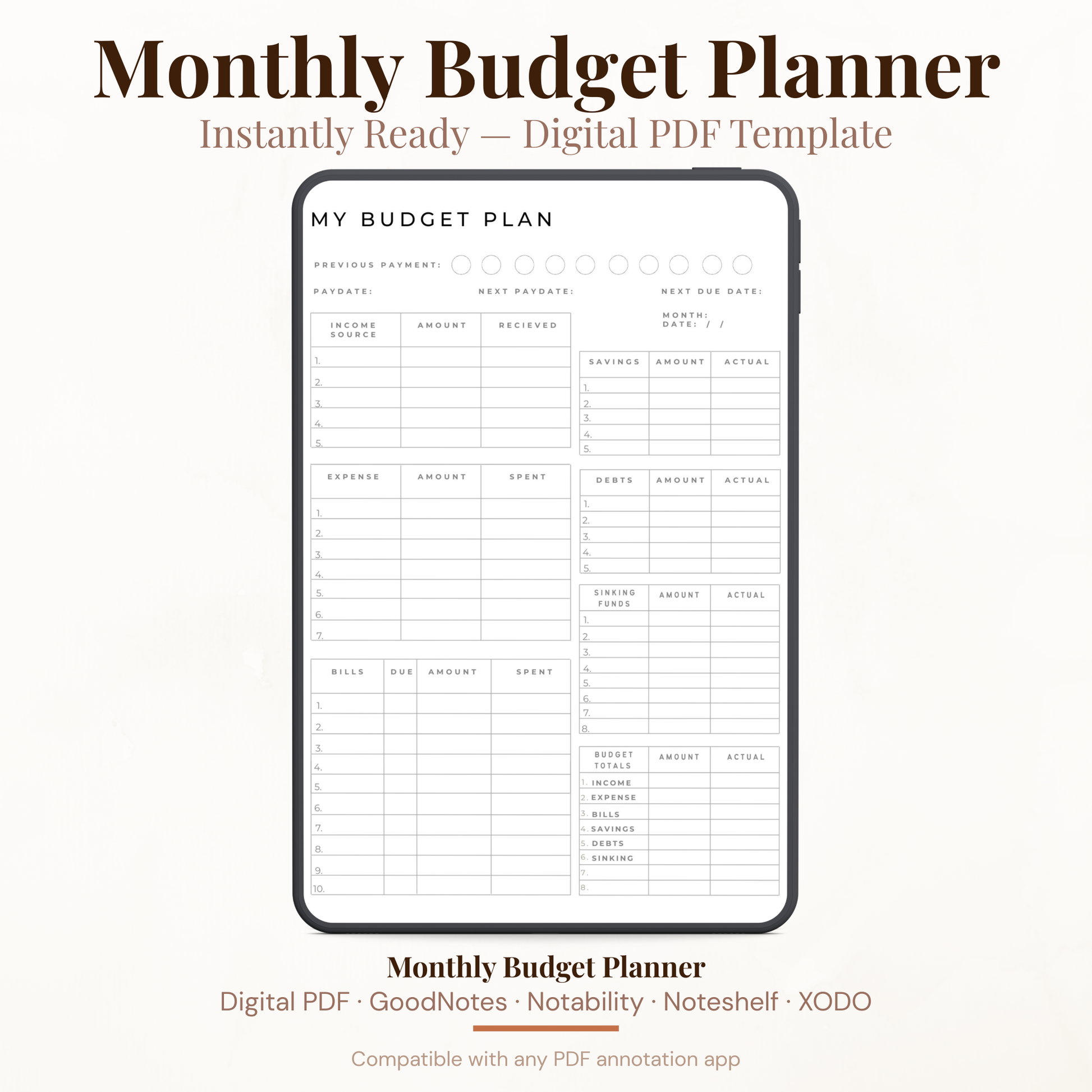 Complete digital monthly budget planner PDF showing a clean minimalist black and white design with income source tracker, expense tracker, bills tracker with due dates, savings tracker, debts tracker, sinking funds tracker, budget totals summary section, previous payment checkboxes, pay date next pay date and next due date fields — compatible with GoodNotes Notability Noteshelf XODO Samsung Notes and Kindle Scribe