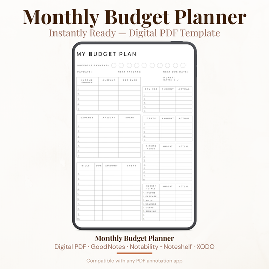 Complete digital monthly budget planner PDF showing a clean minimalist black and white design with income source tracker, expense tracker, bills tracker with due dates, savings tracker, debts tracker, sinking funds tracker, budget totals summary section, previous payment checkboxes, pay date next pay date and next due date fields — compatible with GoodNotes Notability Noteshelf XODO Samsung Notes and Kindle Scribe