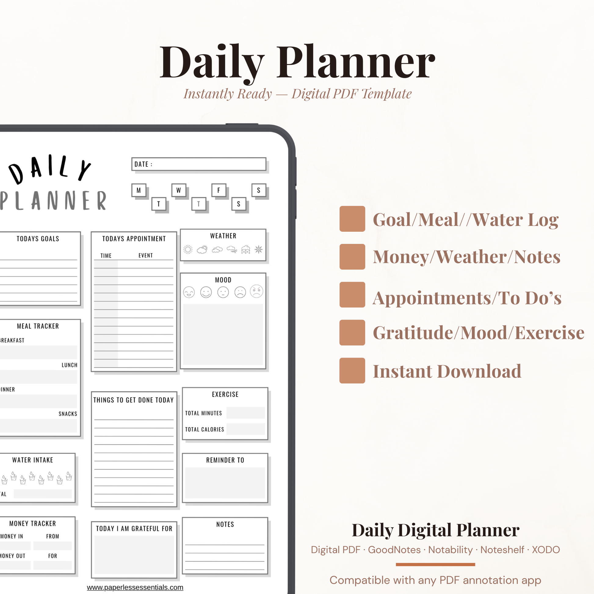 Digital Daily Life Tracker Planner PDF for iPad - Goals Meal Exercise Mood Weather Money Tracker GoodNotes Instant Download