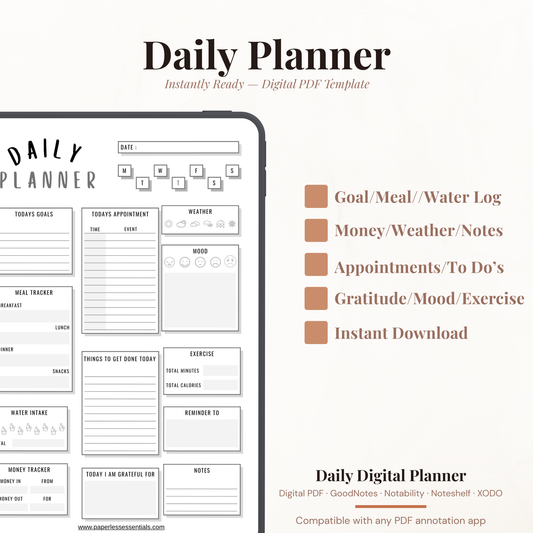 Digital Daily Life Tracker Planner PDF for iPad - Goals Meal Exercise Mood Weather Money Tracker GoodNotes Instant Download
