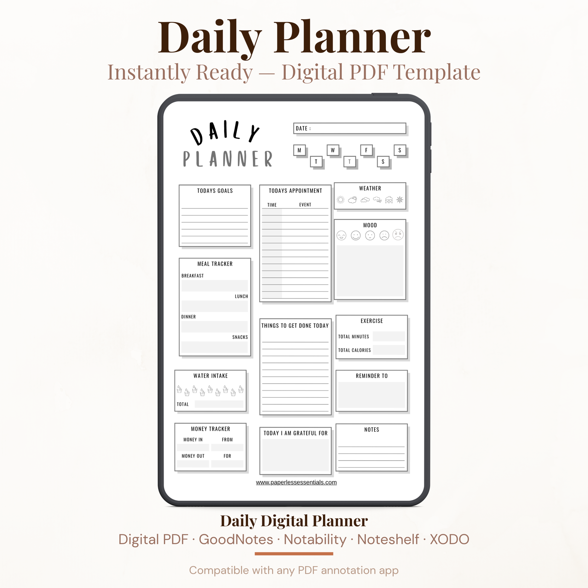 Digital Daily Life Tracker Planner PDF for iPad - Goals Meal Exercise Mood Weather Money Tracker GoodNotes Instant Download