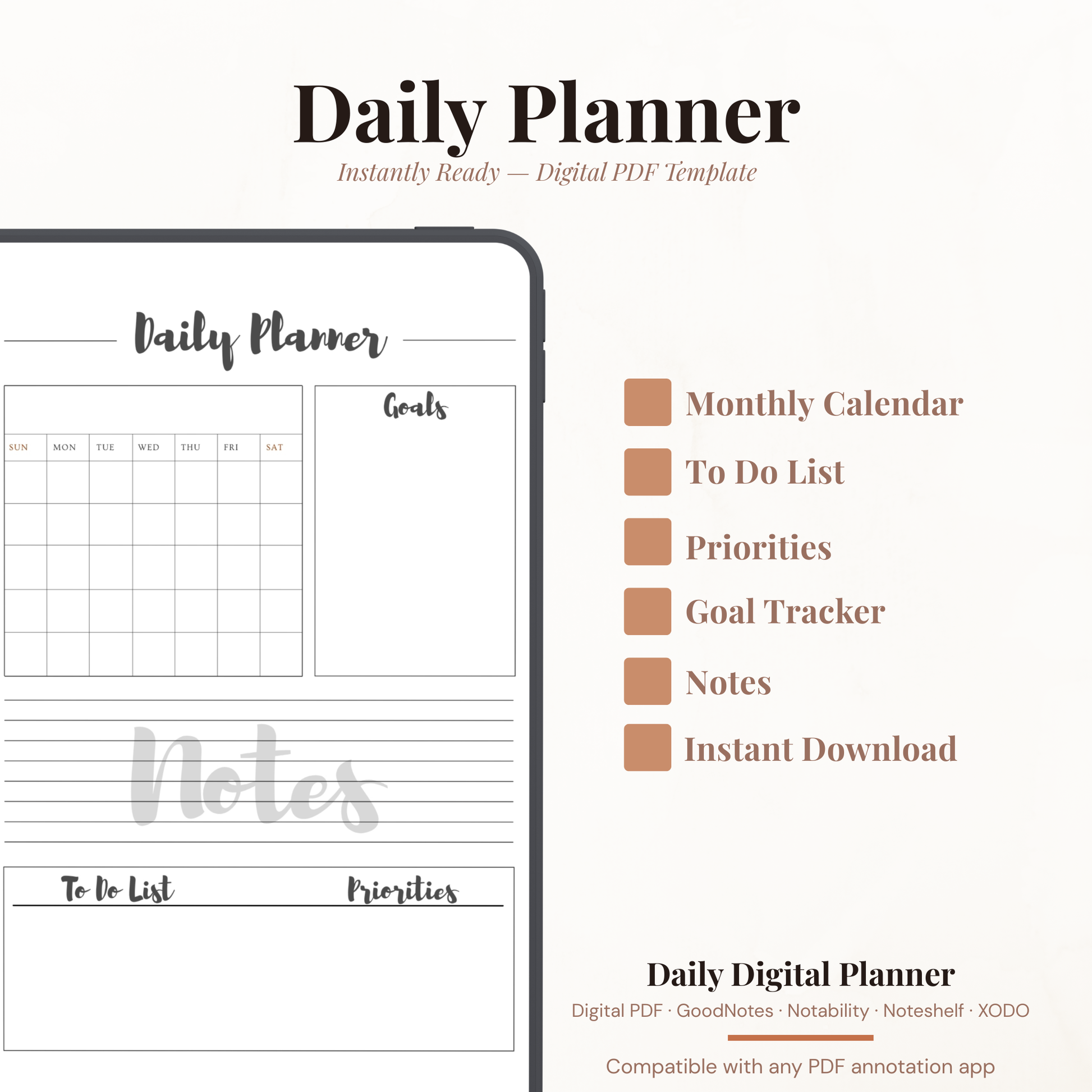 Digital Daily Planner PDF with Monthly Calendar for iPad - Goals To Do List Priorities GoodNotes Instant Download