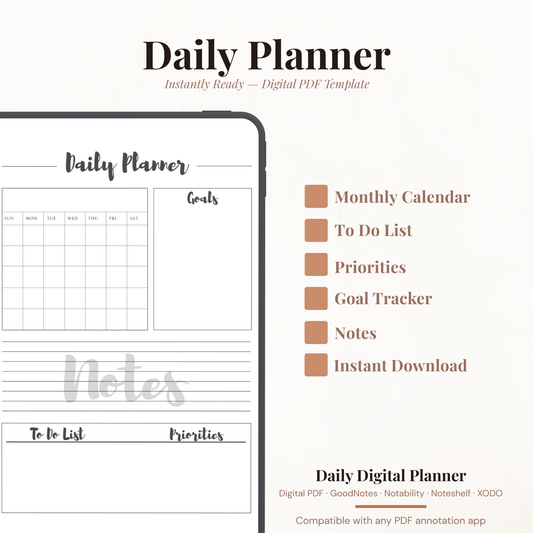 Digital Daily Planner PDF with Monthly Calendar for iPad - Goals To Do List Priorities GoodNotes Instant Download