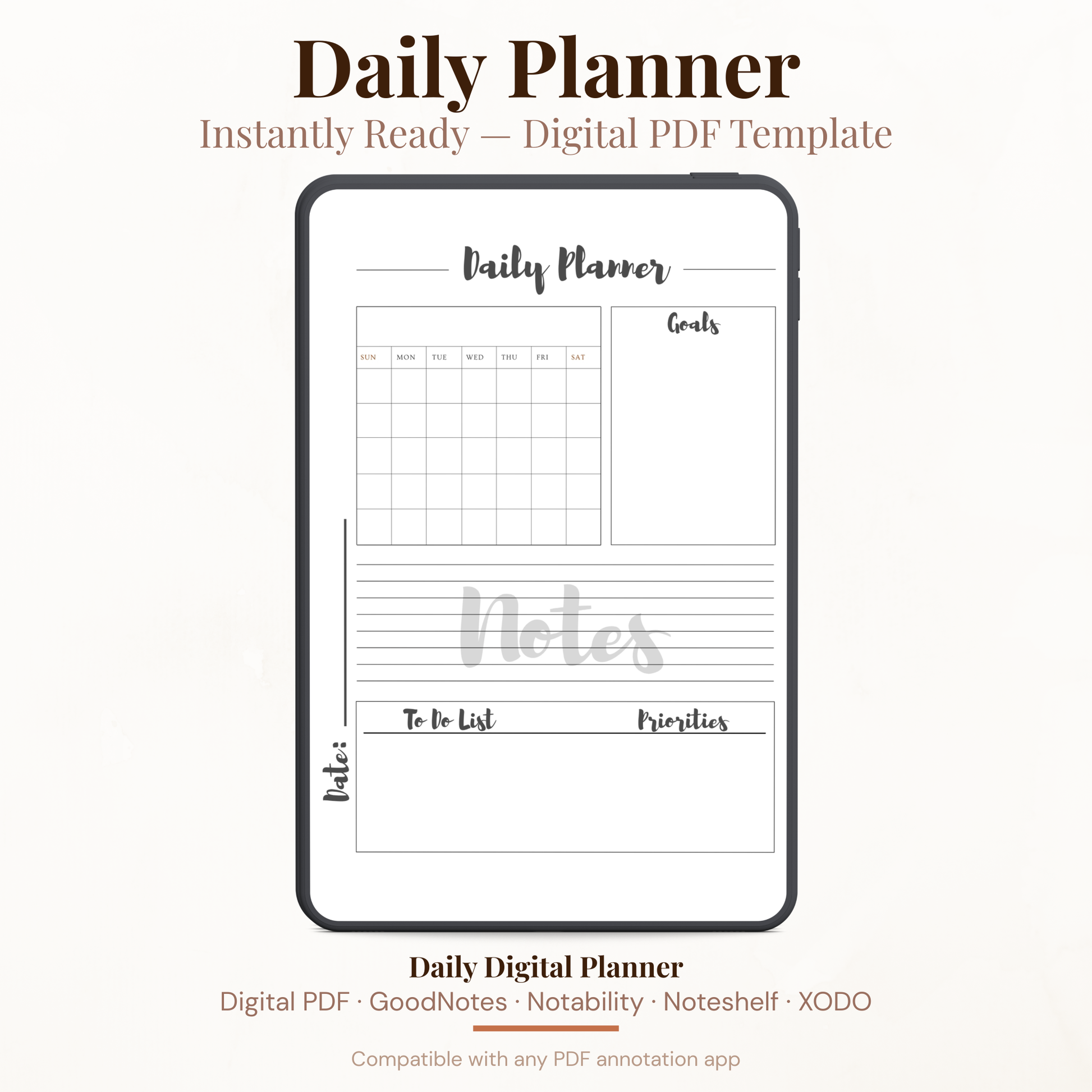 Digital Daily Planner PDF with Monthly Calendar for iPad - Goals To Do List Priorities GoodNotes Instant Download