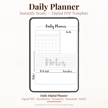 Digital Daily Planner PDF with Monthly Calendar for iPad - Goals To Do List Priorities GoodNotes Instant Download