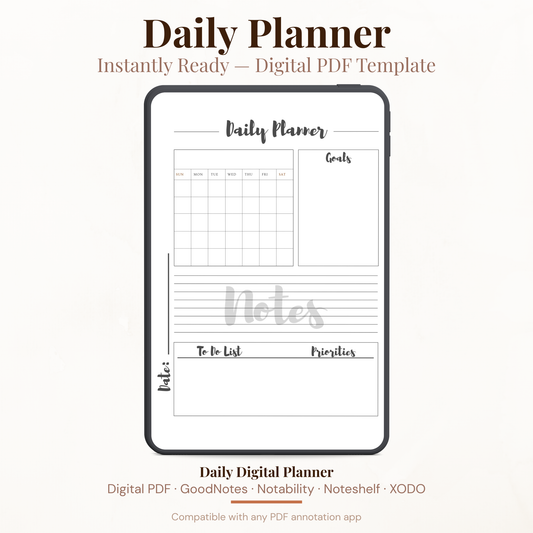 Digital Daily Planner PDF with Monthly Calendar for iPad - Goals To Do List Priorities GoodNotes Instant Download