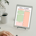 Undated digital daily and weekly planner PDF bundle shown side by side on two iPads with a clean retro-inspired design in sage green, peach, and blush pink, the daily planner featuring a goal field, date, top priorities, my schedule, to do list and notes section, and the weekly planner featuring a goal field, week of field, top priorities, days breakdown for Monday through Sunday, to do list and notes section — compatible with GoodNotes, Notability, Noteshelf, XODO, Samsung Notes, and Kindle Scribe.