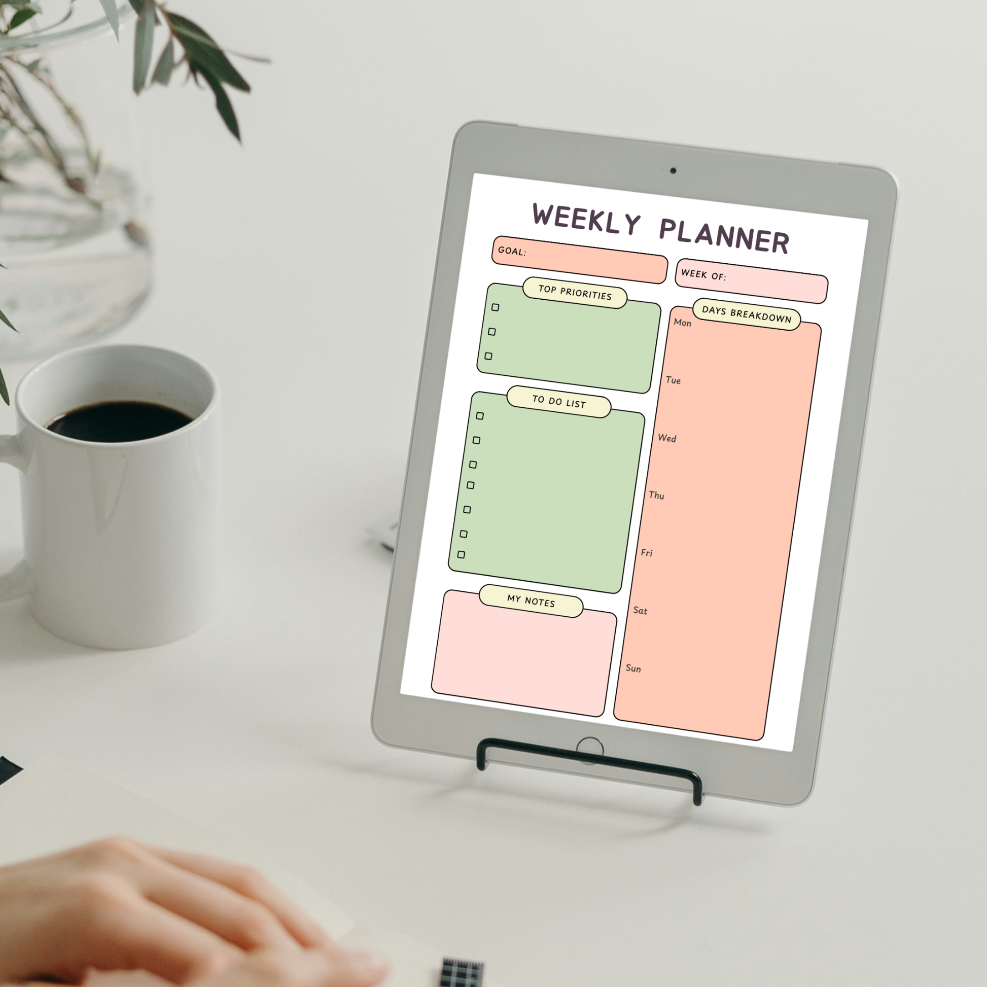 Undated digital daily and weekly planner PDF bundle shown side by side on two iPads with a clean retro-inspired design in sage green, peach, and blush pink, the daily planner featuring a goal field, date, top priorities, my schedule, to do list and notes section, and the weekly planner featuring a goal field, week of field, top priorities, days breakdown for Monday through Sunday, to do list and notes section — compatible with GoodNotes, Notability, Noteshelf, XODO, Samsung Notes, and Kindle Scribe.