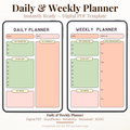 Undated digital daily and weekly planner PDF bundle shown side by side on two iPads with a clean retro-inspired design in sage green, peach, and blush pink, the daily planner featuring a goal field, date, top priorities, my schedule, to do list and notes section, and the weekly planner featuring a goal field, week of field, top priorities, days breakdown for Monday through Sunday, to do list and notes section — compatible with GoodNotes, Notability, Noteshelf, XODO, Samsung Notes, and Kindle Scribe.