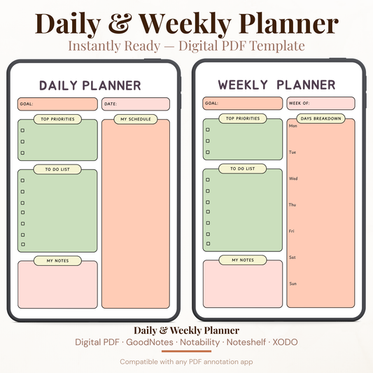 Undated digital daily and weekly planner PDF bundle shown side by side on two iPads with a clean retro-inspired design in sage green, peach, and blush pink, the daily planner featuring a goal field, date, top priorities, my schedule, to do list and notes section, and the weekly planner featuring a goal field, week of field, top priorities, days breakdown for Monday through Sunday, to do list and notes section — compatible with GoodNotes, Notability, Noteshelf, XODO, Samsung Notes, and Kindle Scribe.