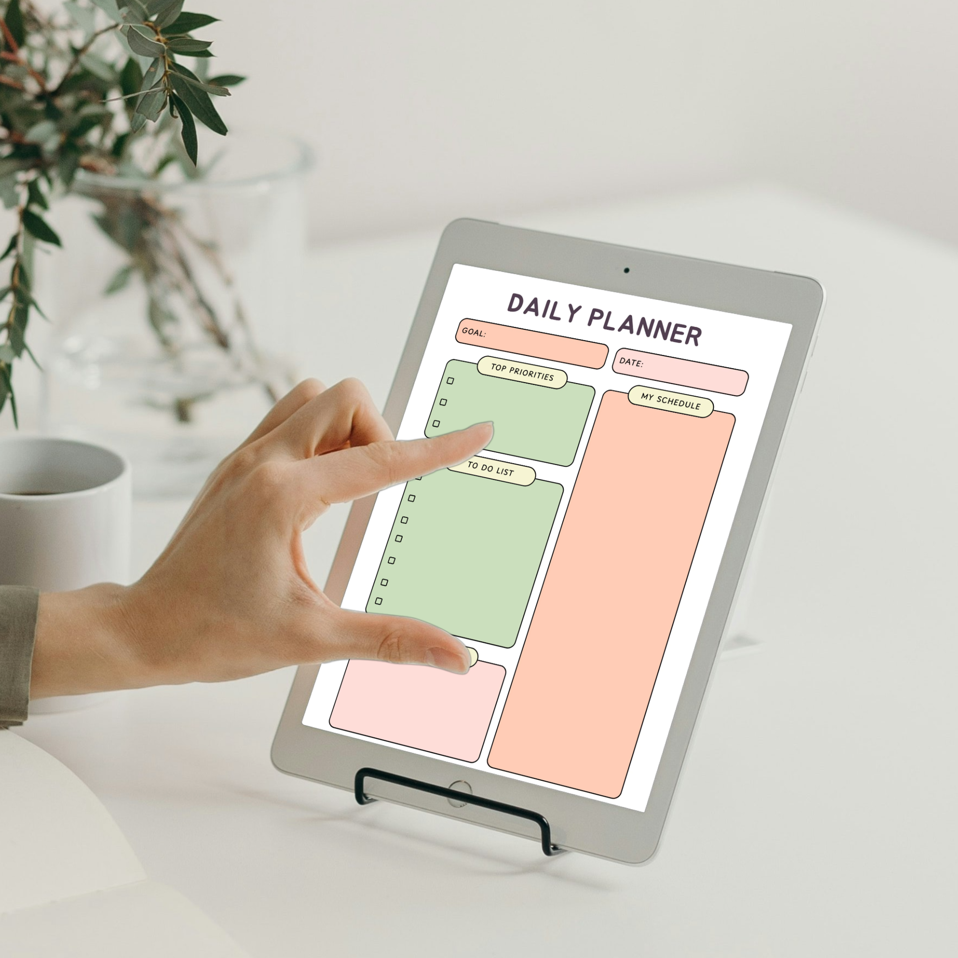 Undated digital daily and weekly planner PDF bundle shown side by side on two iPads with a clean retro-inspired design in sage green, peach, and blush pink, the daily planner featuring a goal field, date, top priorities, my schedule, to do list and notes section, and the weekly planner featuring a goal field, week of field, top priorities, days breakdown for Monday through Sunday, to do list and notes section — compatible with GoodNotes, Notability, Noteshelf, XODO, Samsung Notes, and Kindle Scribe.