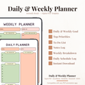 Undated digital daily and weekly planner PDF bundle shown side by side on two iPads with a clean retro-inspired design in sage green, peach, and blush pink, the daily planner featuring a goal field, date, top priorities, my schedule, to do list and notes section, and the weekly planner featuring a goal field, week of field, top priorities, days breakdown for Monday through Sunday, to do list and notes section — compatible with GoodNotes, Notability, Noteshelf, XODO, Samsung Notes, and Kindle Scribe.