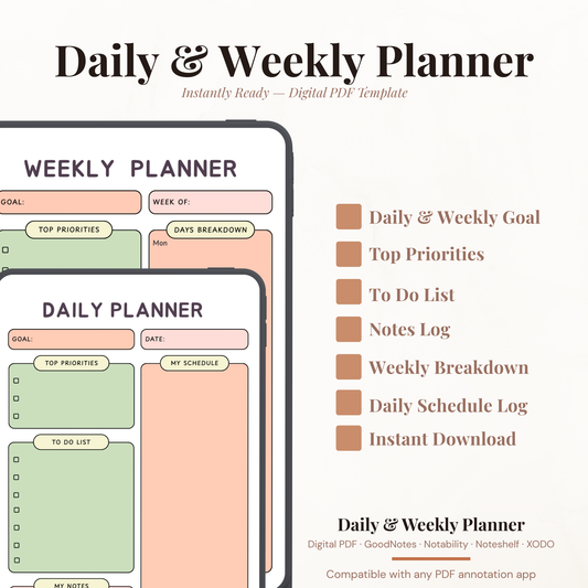 Undated digital daily and weekly planner PDF bundle shown side by side on two iPads with a clean retro-inspired design in sage green, peach, and blush pink, the daily planner featuring a goal field, date, top priorities, my schedule, to do list and notes section, and the weekly planner featuring a goal field, week of field, top priorities, days breakdown for Monday through Sunday, to do list and notes section — compatible with GoodNotes, Notability, Noteshelf, XODO, Samsung Notes, and Kindle Scribe.