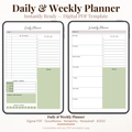Undated digital daily and weekly planner PDF bundle shown side by side on two iPads with a clean minimal design in sage green and warm white, the daily planner featuring a date field, my schedule section, to do list, notes, today's meals tracker for breakfast lunch dinner and snack, today's motivation section and water intake tracker numbered one through ten, and the weekly planner featuring a week of field, Monday through Sunday daily sections, to do list with checkboxes and a notes section.
